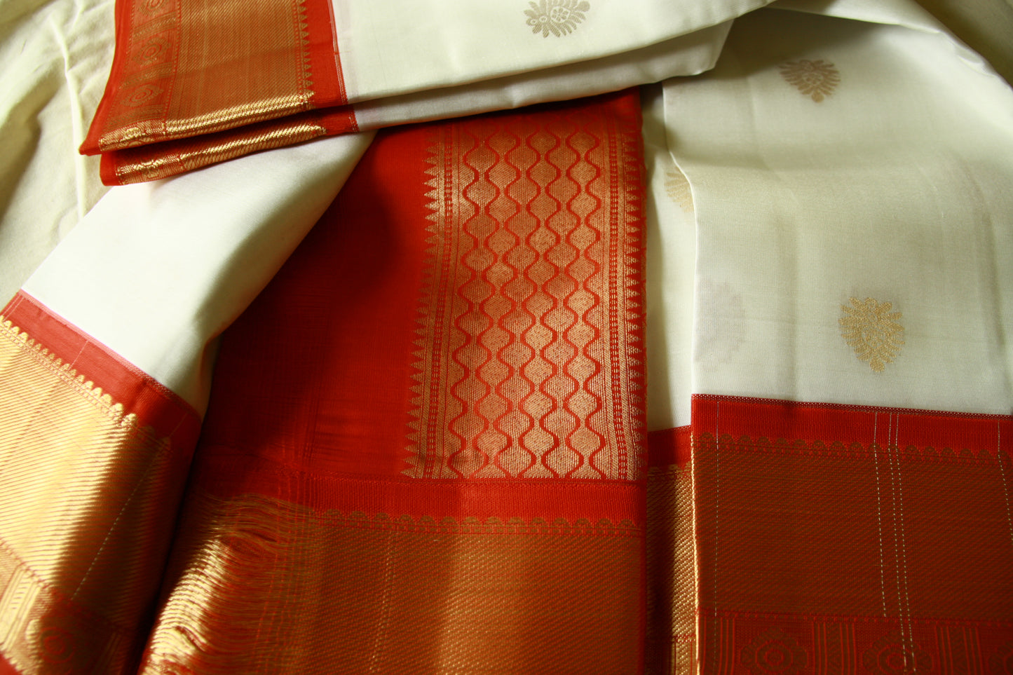 Swan White Pure Silk Kanjivaram Saree with Red and Golden Zari work | SILK MARK CERTIFIED