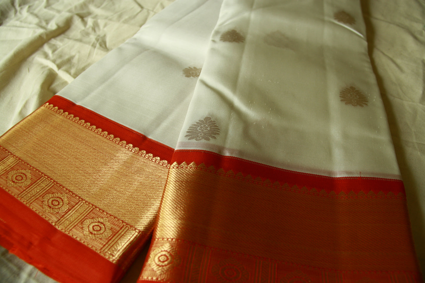 Swan White Pure Silk Kanjivaram Saree with Red and Golden Zari work | SILK MARK CERTIFIED