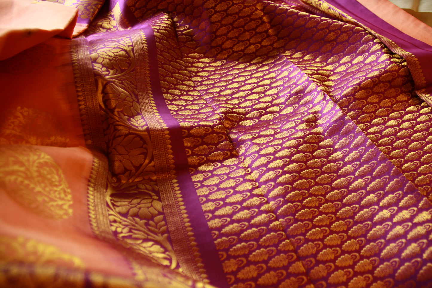 Peach Pure Silk Kanjivaram Saree with Purple and Golden Zari work | SILK MARK CERTIFIED