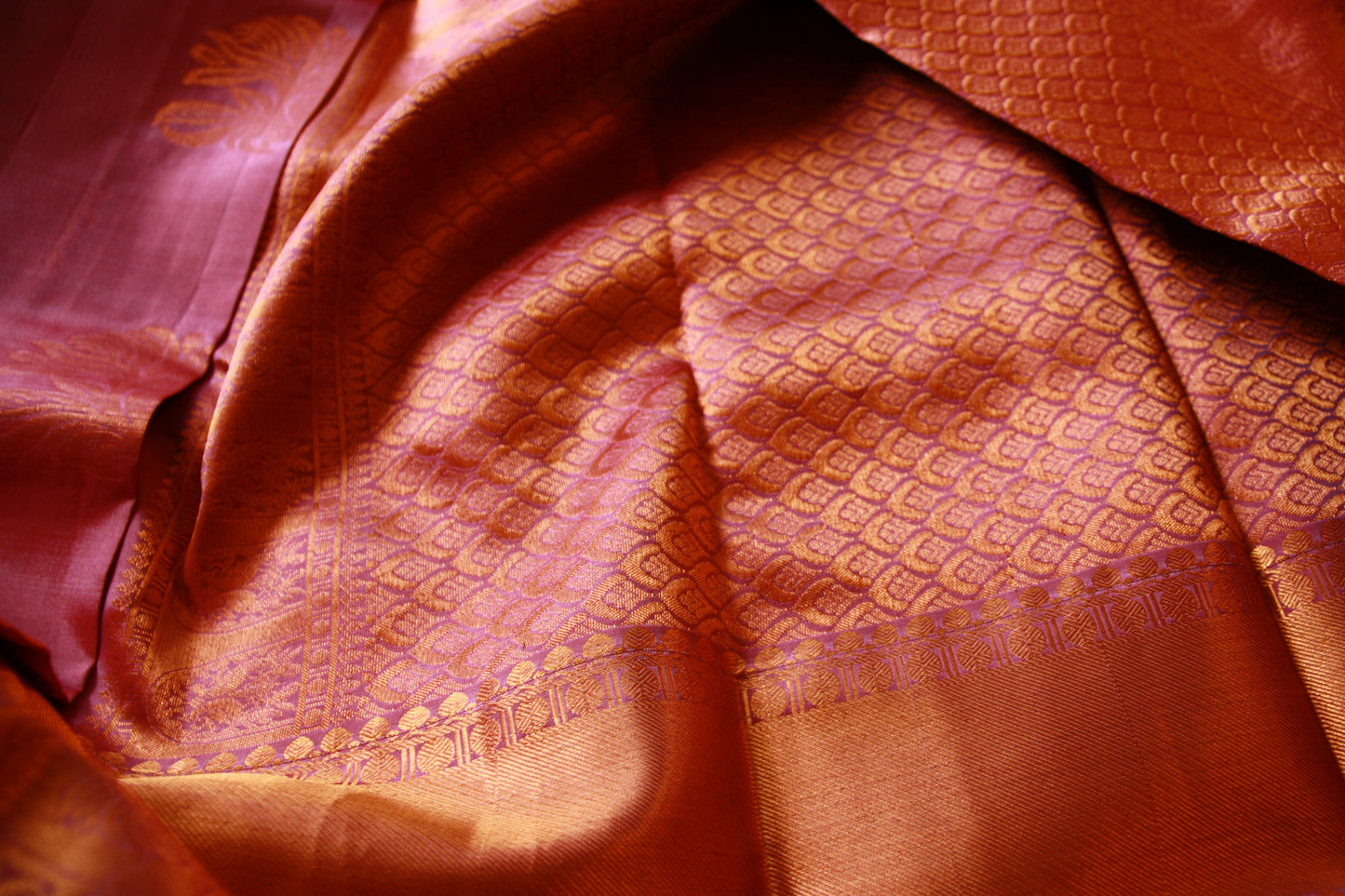 Lavender Pink Pure Silk Kanjivaram Saree with Copper Gold Zari Border|  SILK MARK CERTIFIED