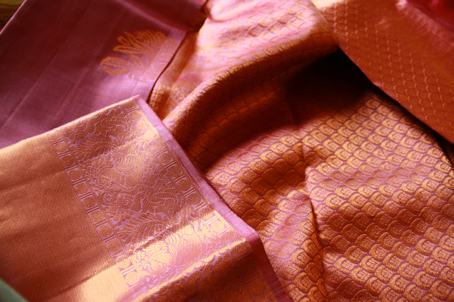 Lavender Pink Pure Silk Kanjivaram Saree with Copper Gold Zari Border|  SILK MARK CERTIFIED