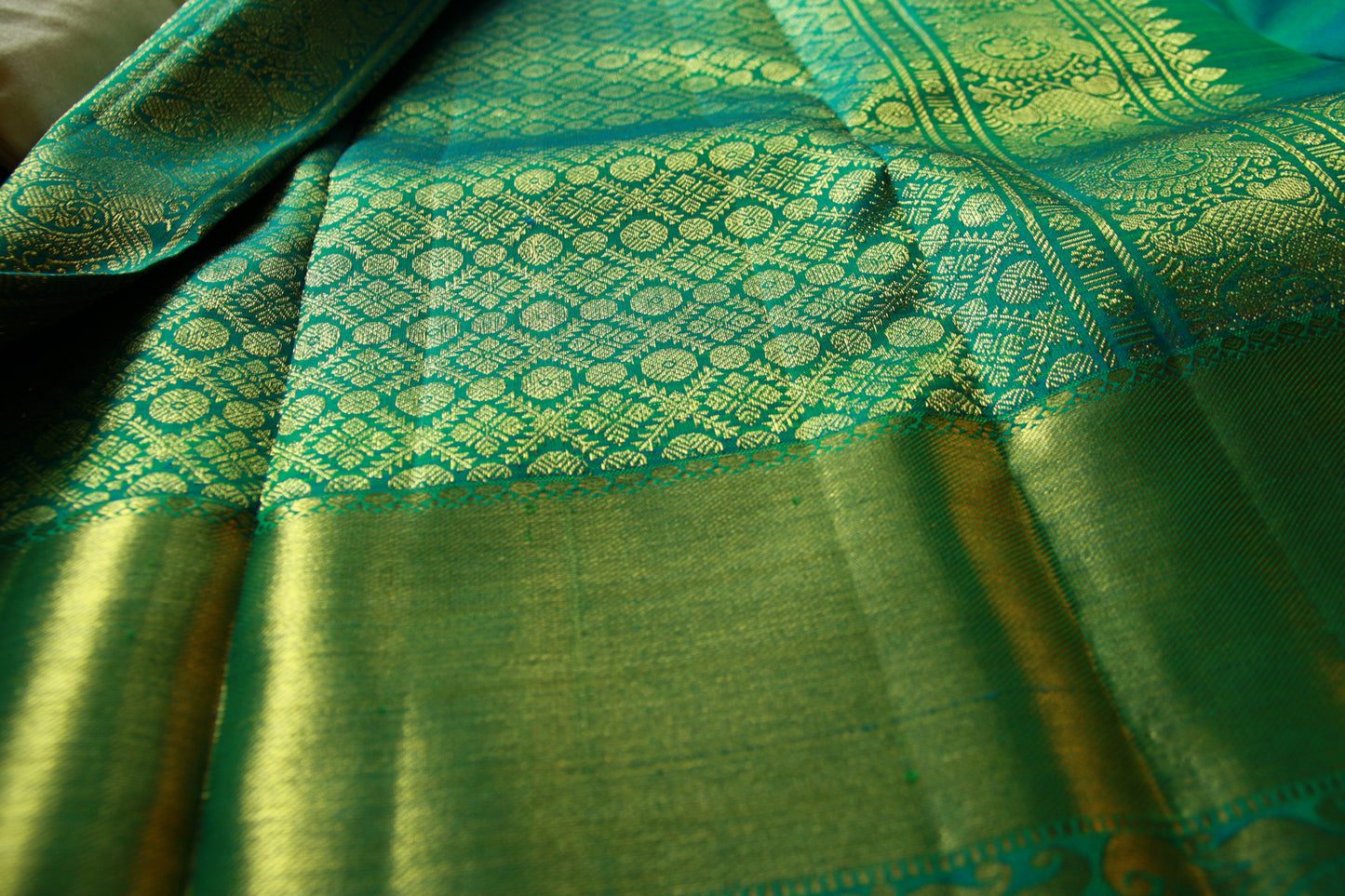 Green Pure Silk Kanjivaram Saree with Blue and Golden Zari work | SILK MARK CERTIFIED