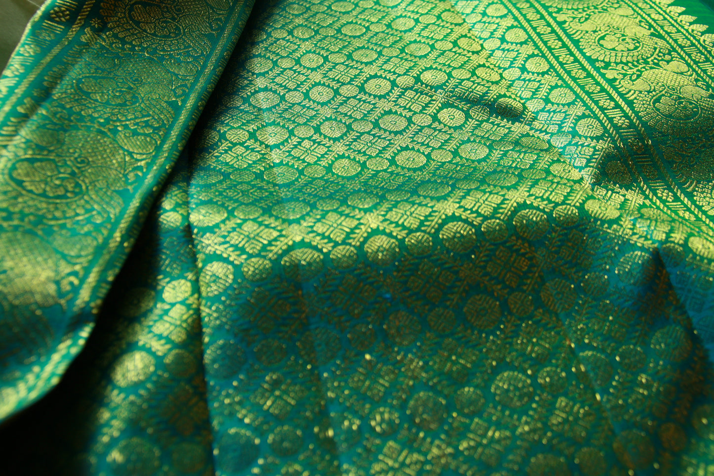 Green Pure Silk Kanjivaram Saree with Blue and Golden Zari work | SILK MARK CERTIFIED