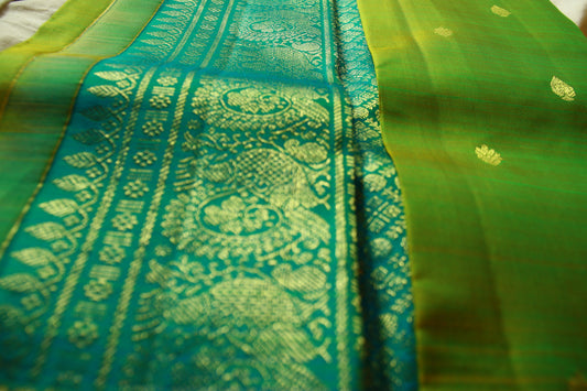 Green Pure Silk Kanjivaram Saree with Blue and Golden Zari work | SILK MARK CERTIFIED