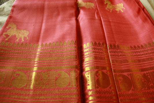 Rose Pink Pure Silk Kanjivaram Saree with Golden zari work|Checks Saree with Golden work | SILK MARK CERTIFIED