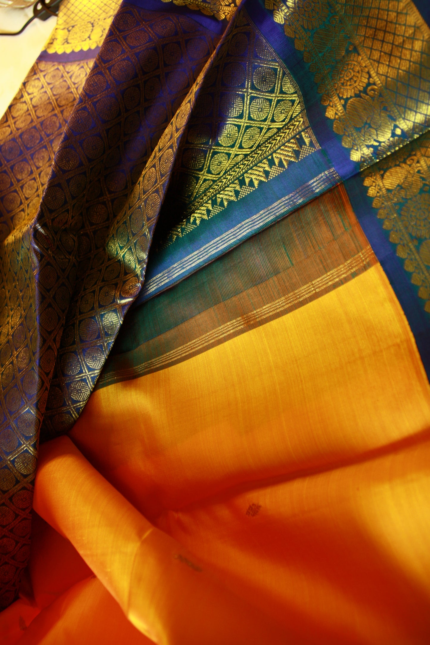 Orange Yellow Pure Silk Kanjivaram Saree with Golden Zari work | SILK MARK CERTIFIED