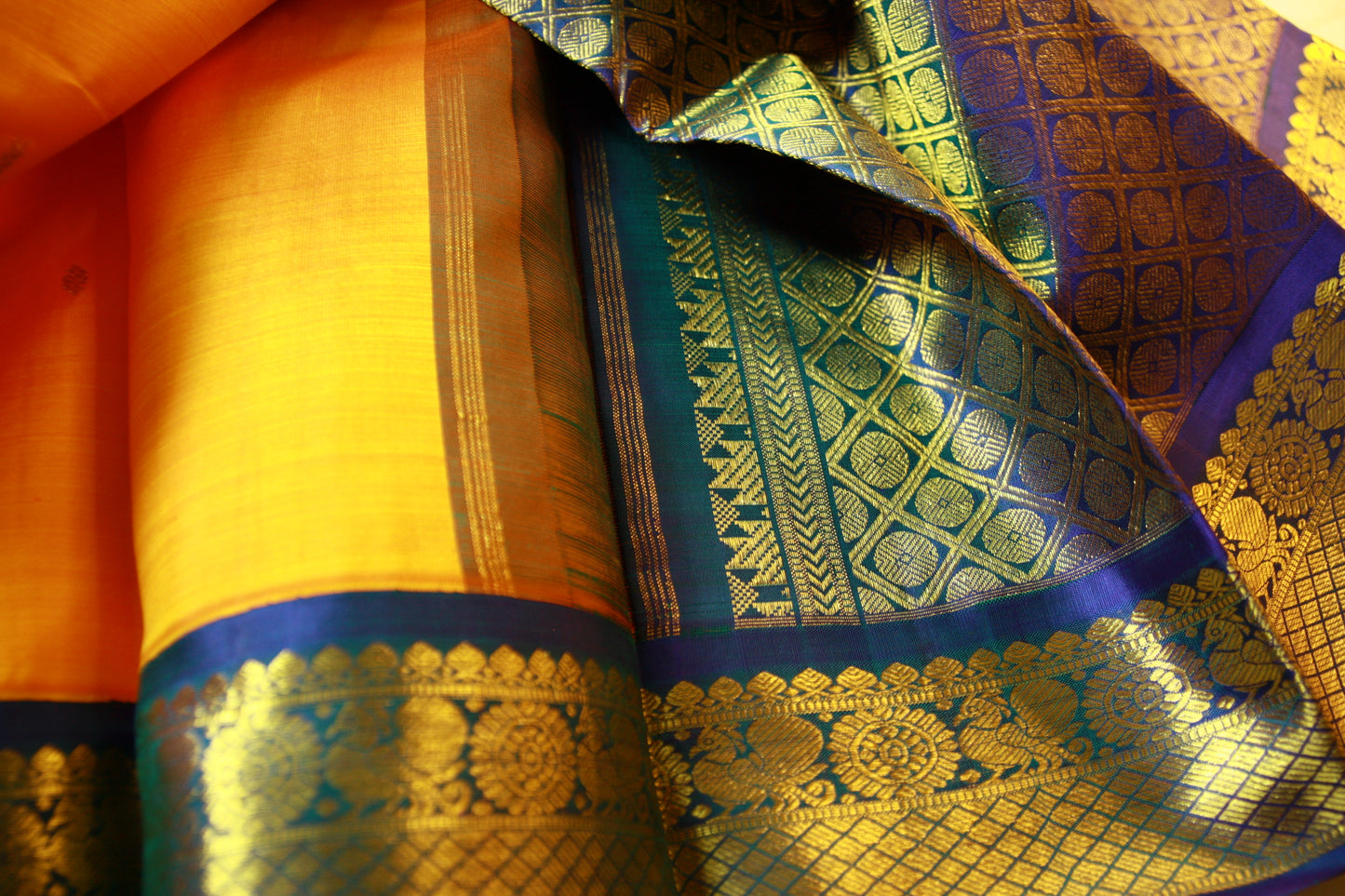 Orange Yellow Pure Silk Kanjivaram Saree with Golden Zari work | SILK MARK CERTIFIED