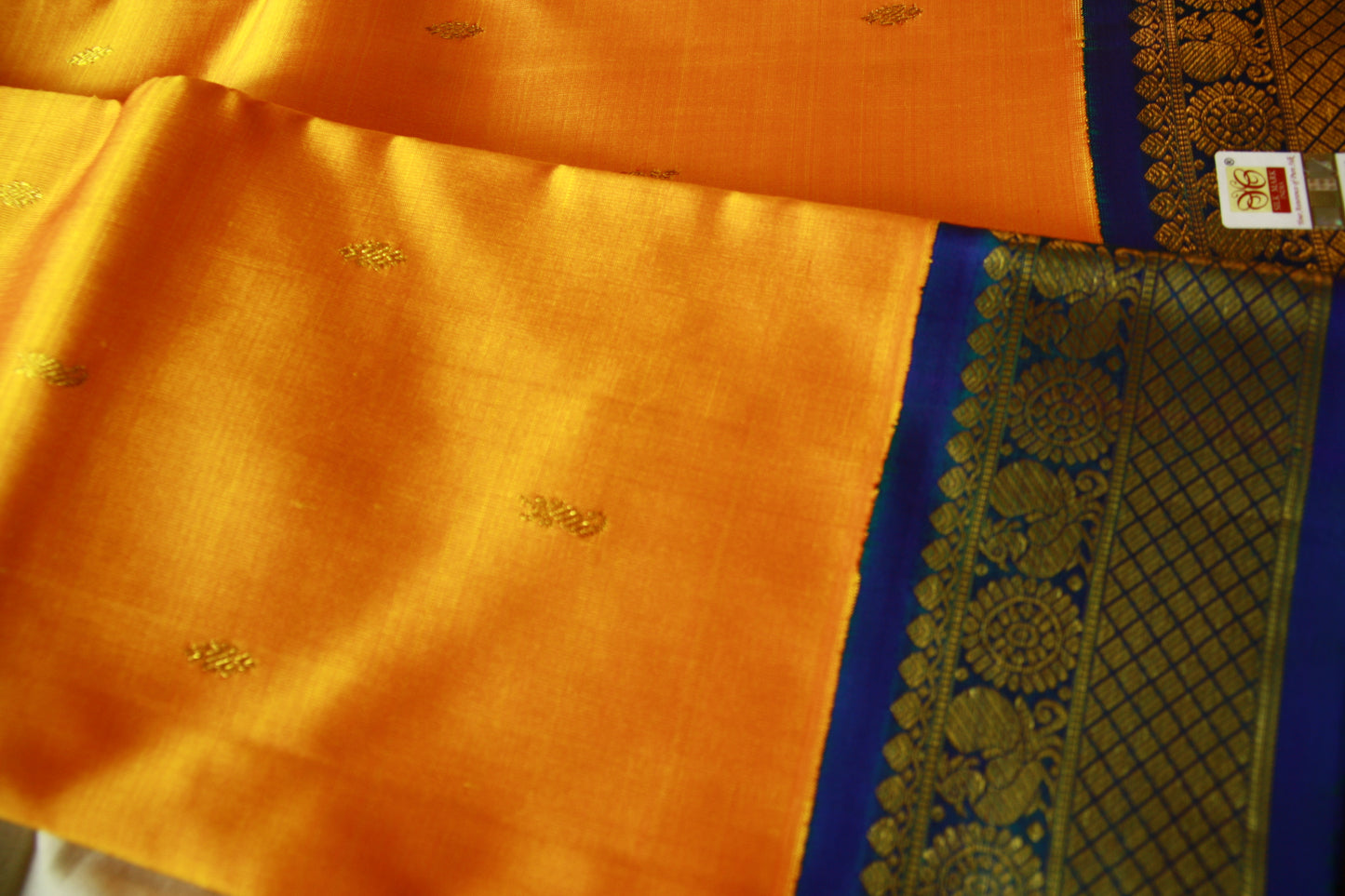 Orange Yellow Pure Silk Kanjivaram Saree with Golden Zari work | SILK MARK CERTIFIED