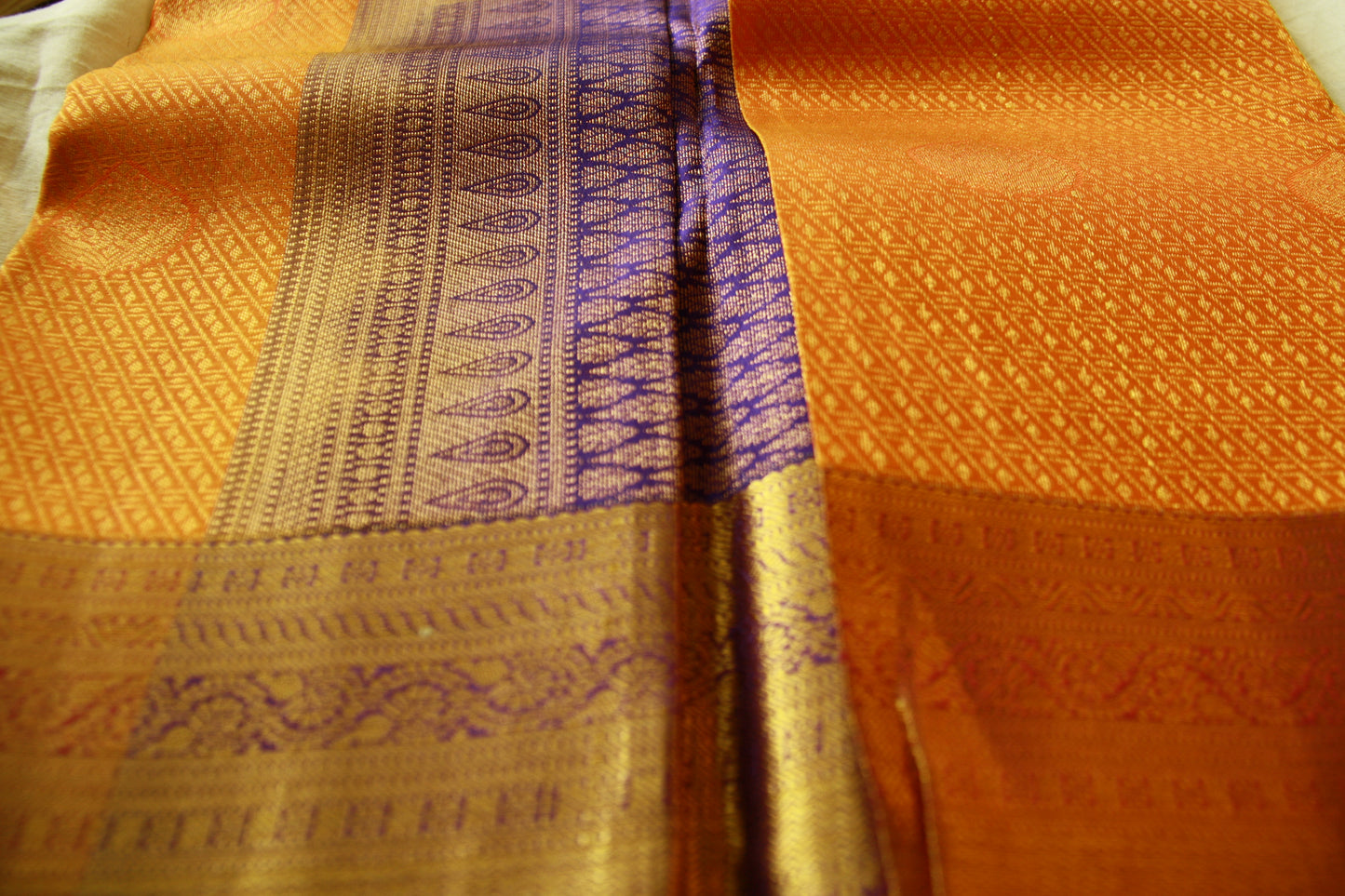 Orange Yellow Shade Pure Silk Kanjivaram Saree with Purple Golden Zari| SILK MARK CERTIFIED