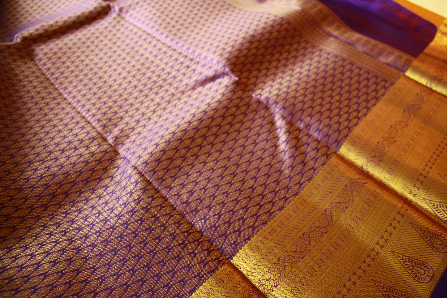 Orange Yellow Shade Pure Silk Kanjivaram Saree with Purple Golden Zari| SILK MARK CERTIFIED