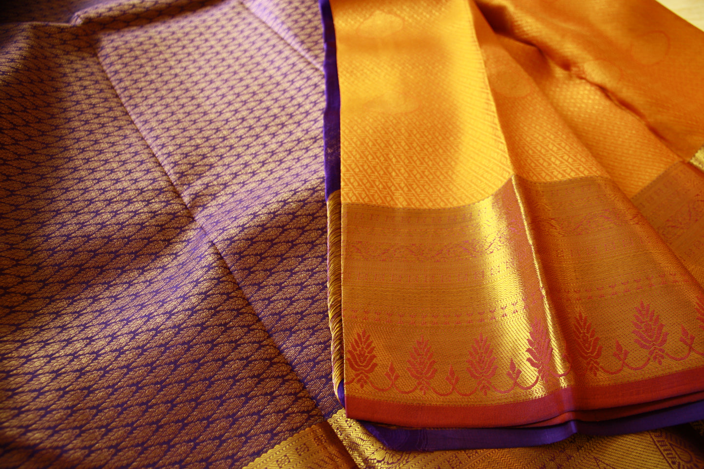 Orange Yellow Shade Pure Silk Kanjivaram Saree with Purple Golden Zari| SILK MARK CERTIFIED