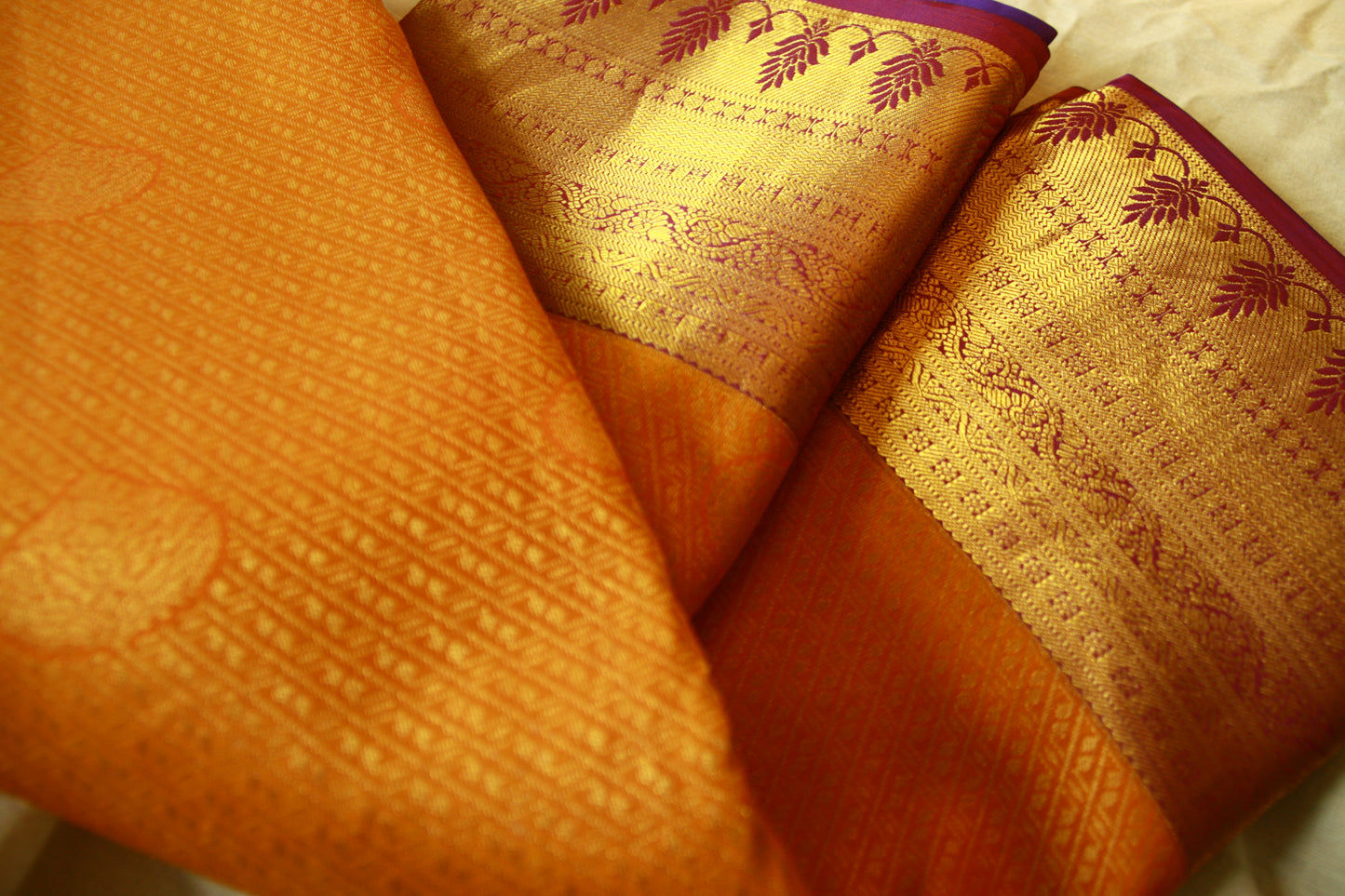 Orange Yellow Shade Pure Silk Kanjivaram Saree with Purple Golden Zari| SILK MARK CERTIFIED