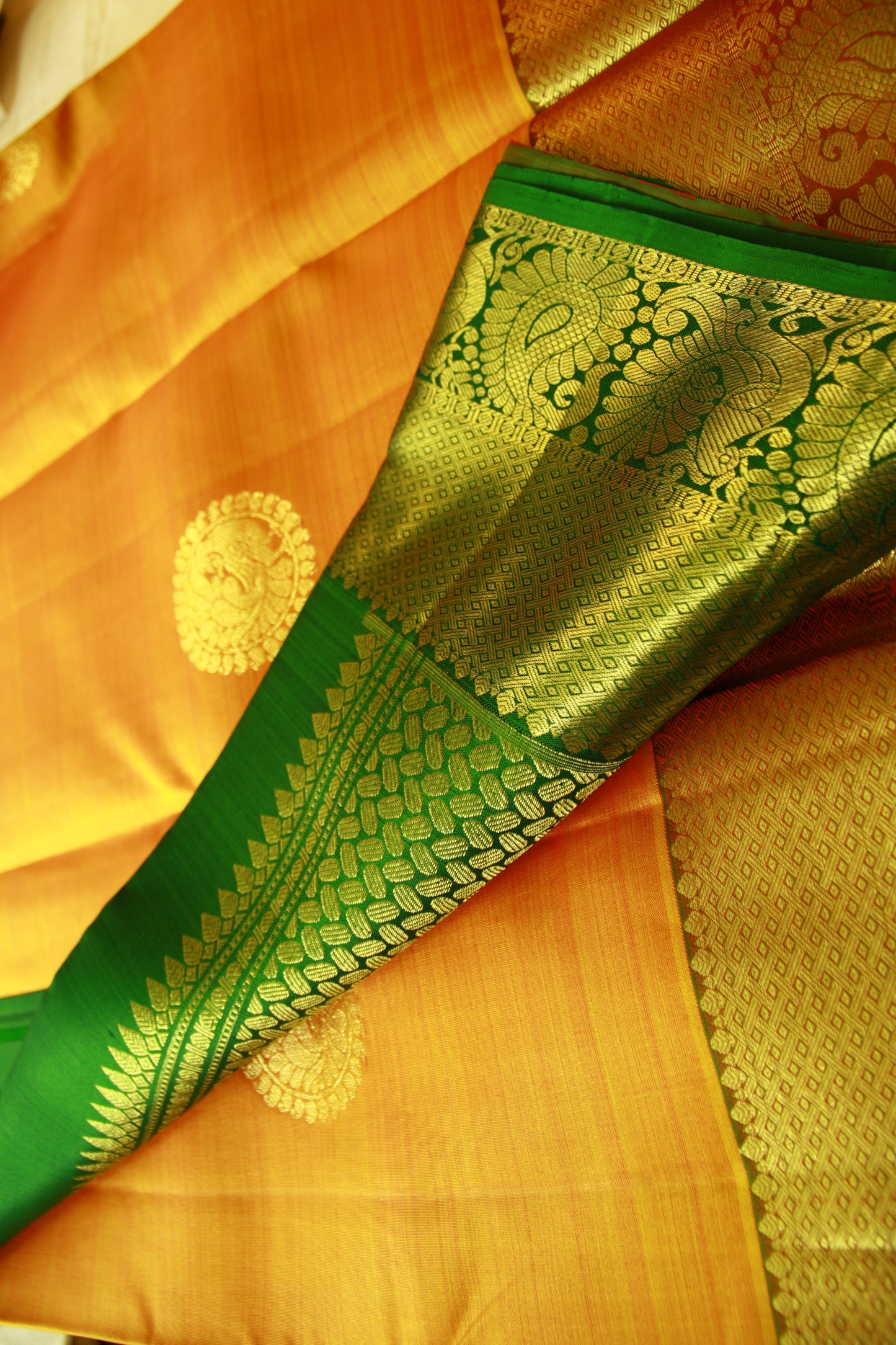 Dark Yellow Pure Silk Kanjivaram Saree with Dark Green and Golden Zari work | SILK MARK CERTIFIED