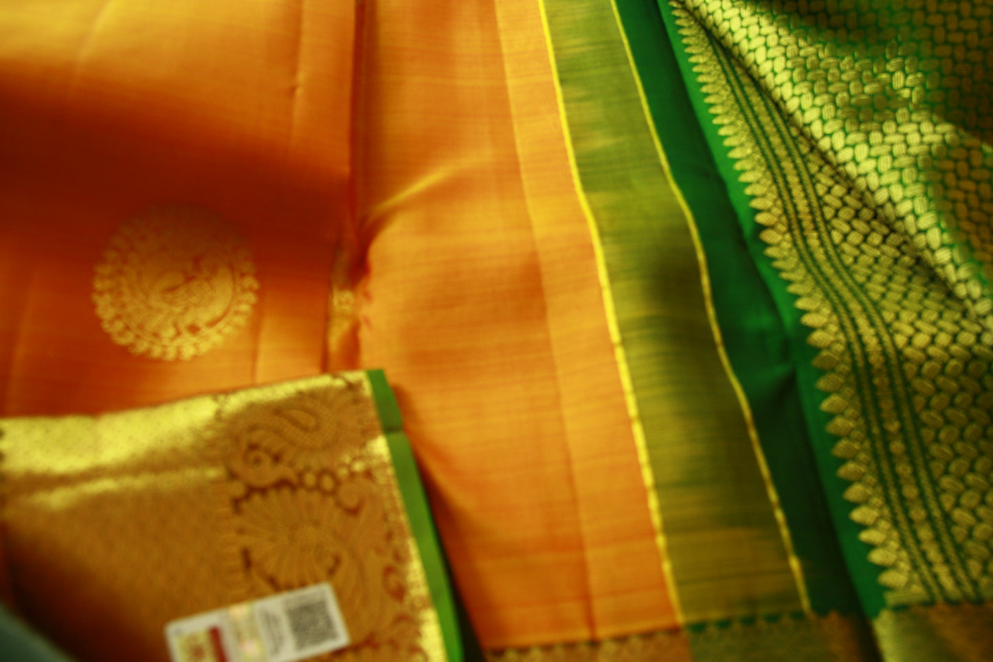 Dark Yellow Pure Silk Kanjivaram Saree with Dark Green and Golden Zari work | SILK MARK CERTIFIED