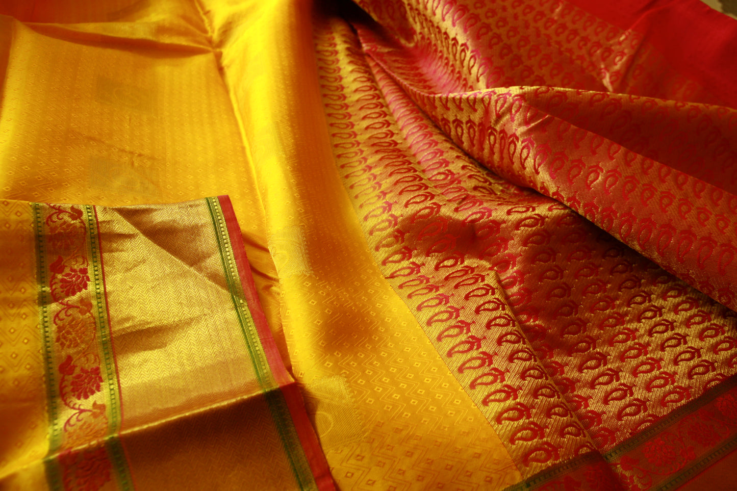 Vibrant Yellow Pure Silk Kanjivaram Saree with Pink and Golden Zari work. | SILK MARK CERTIFIED