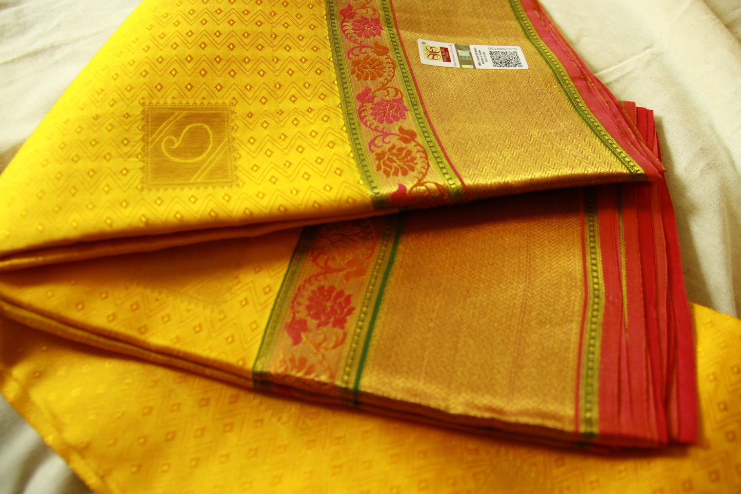 Vibrant Yellow Pure Silk Kanjivaram Saree with Pink and Golden Zari work. | SILK MARK CERTIFIED