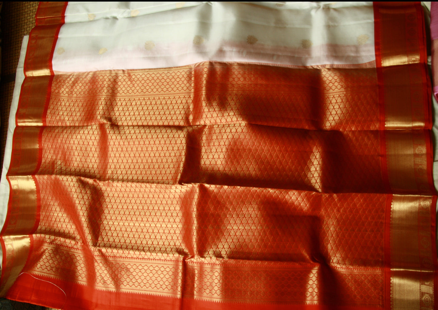 Swan White Pure Silk Kanjivaram Saree with Red and Golden Zari work | SILK MARK CERTIFIED