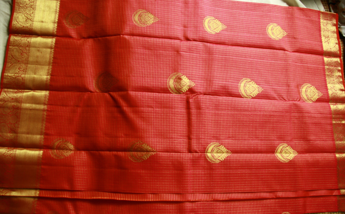 Dark Pink Pure Silk Kanjivaram Saree |Checks Saree with Golden work | SILK MARK CERTIFIED