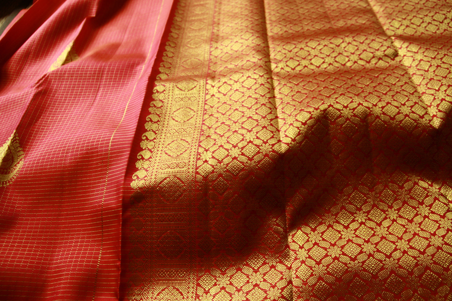 Dark Pink Pure Silk Kanjivaram Saree |Checks Saree with Golden work | SILK MARK CERTIFIED