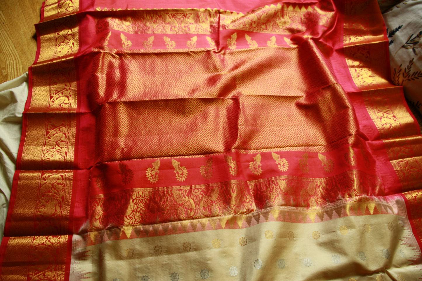 Creamy Beige Pure Silk Kanjivaram Saree with Golden and Dark Pink Zari work | SILK MARK CERTIFIED