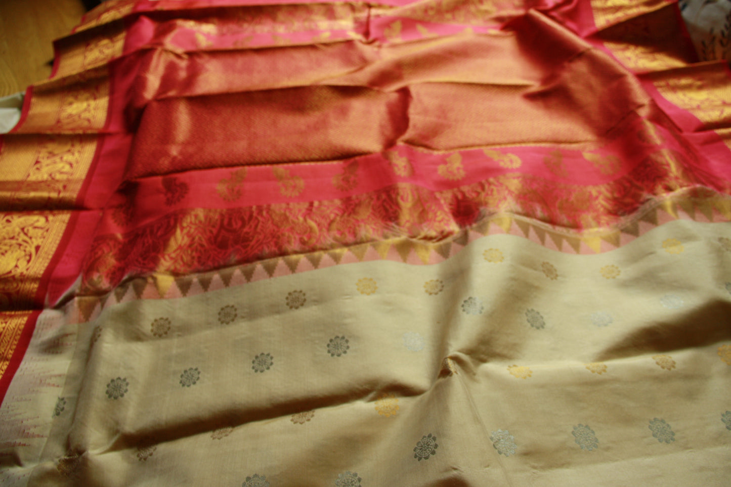 Creamy Beige Pure Silk Kanjivaram Saree with Golden and Dark Pink Zari work | SILK MARK CERTIFIED