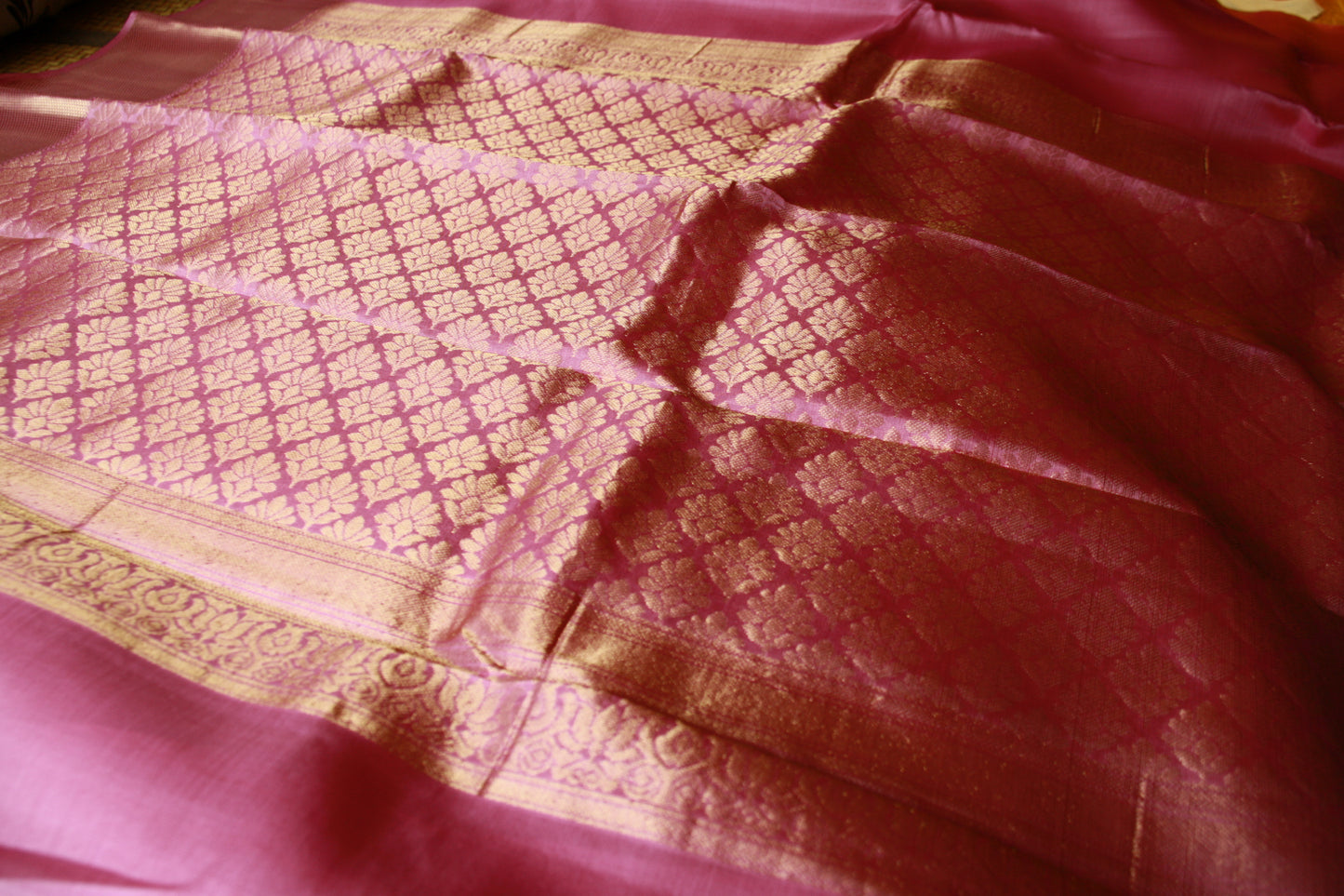 Lotus Pink Pure Silk Kanjivaram Lightweight Saree with Golden work | SILK MARK CERTIFIED