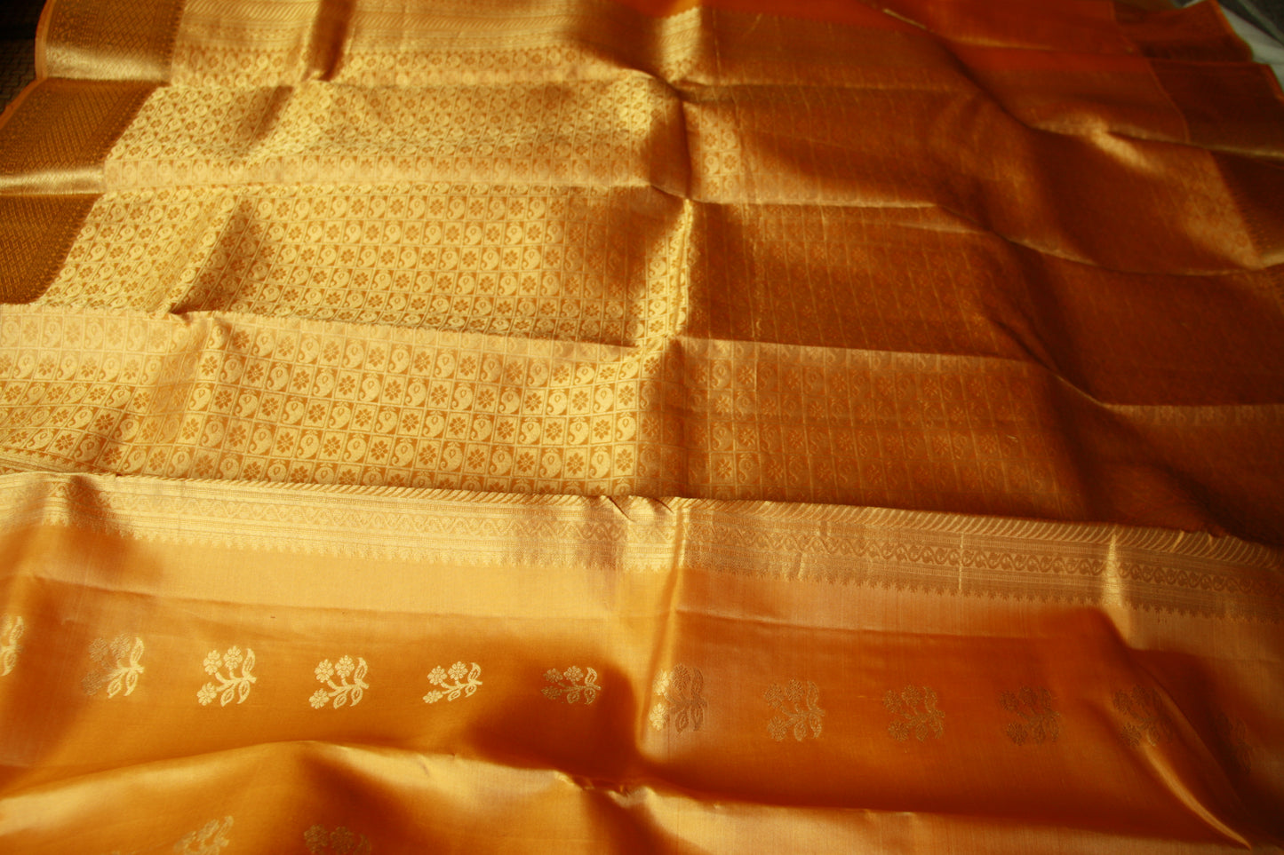 Apricot Orange Color Lightweight Pure Silk Kanjivaram Saree with Soft Golden Zari work | SILK MARK CERTIFIED