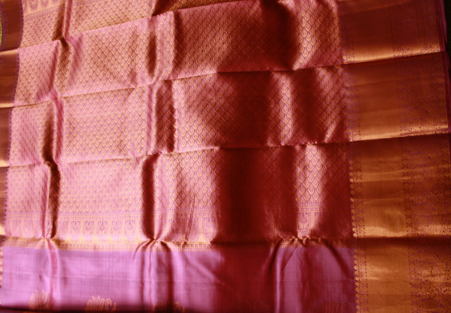 Lavender Pink Pure Silk Kanjivaram Saree with Copper Gold Zari Border|  SILK MARK CERTIFIED