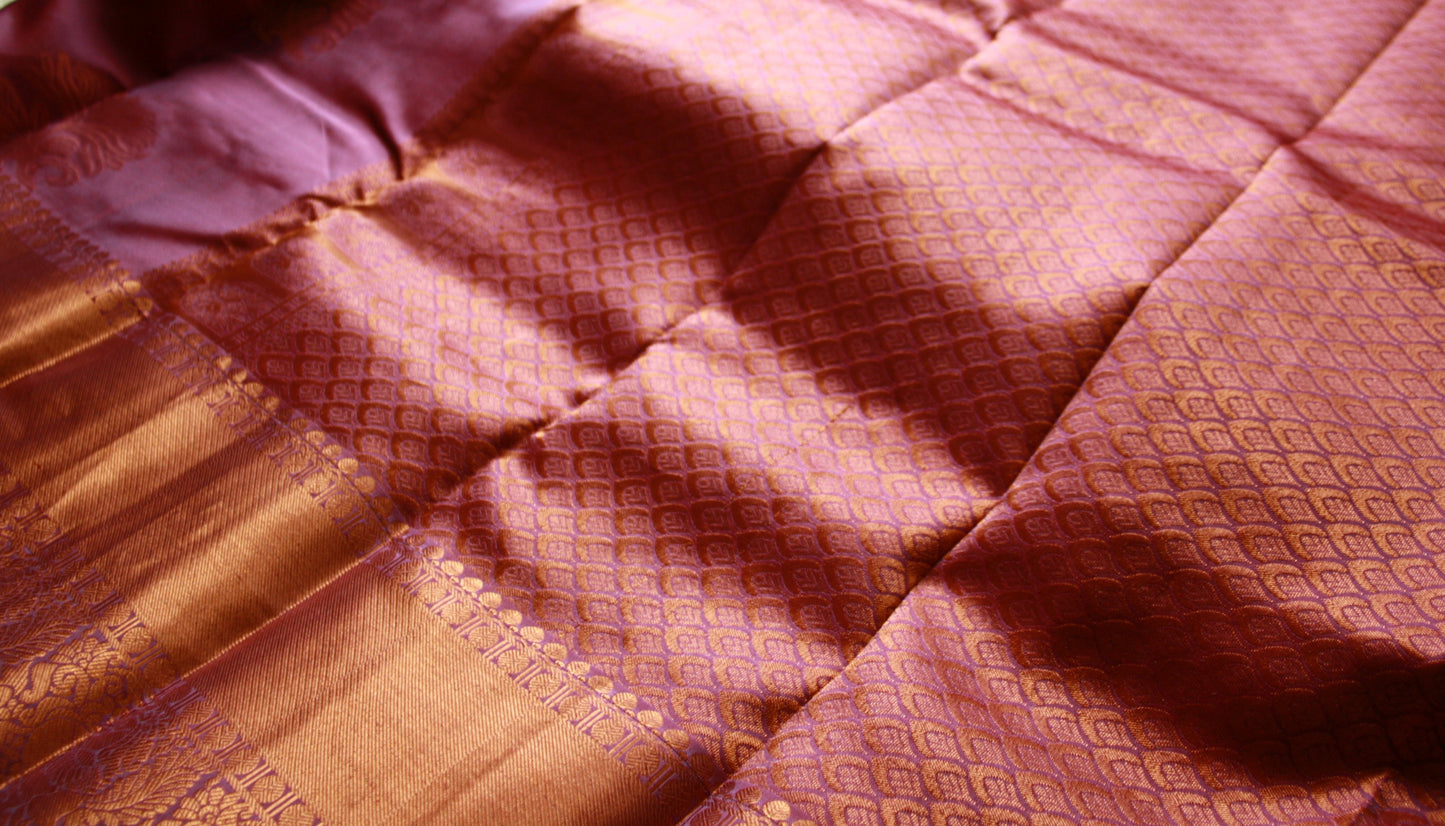 Lavender Pink Pure Silk Kanjivaram Saree with Copper Gold Zari Border|  SILK MARK CERTIFIED