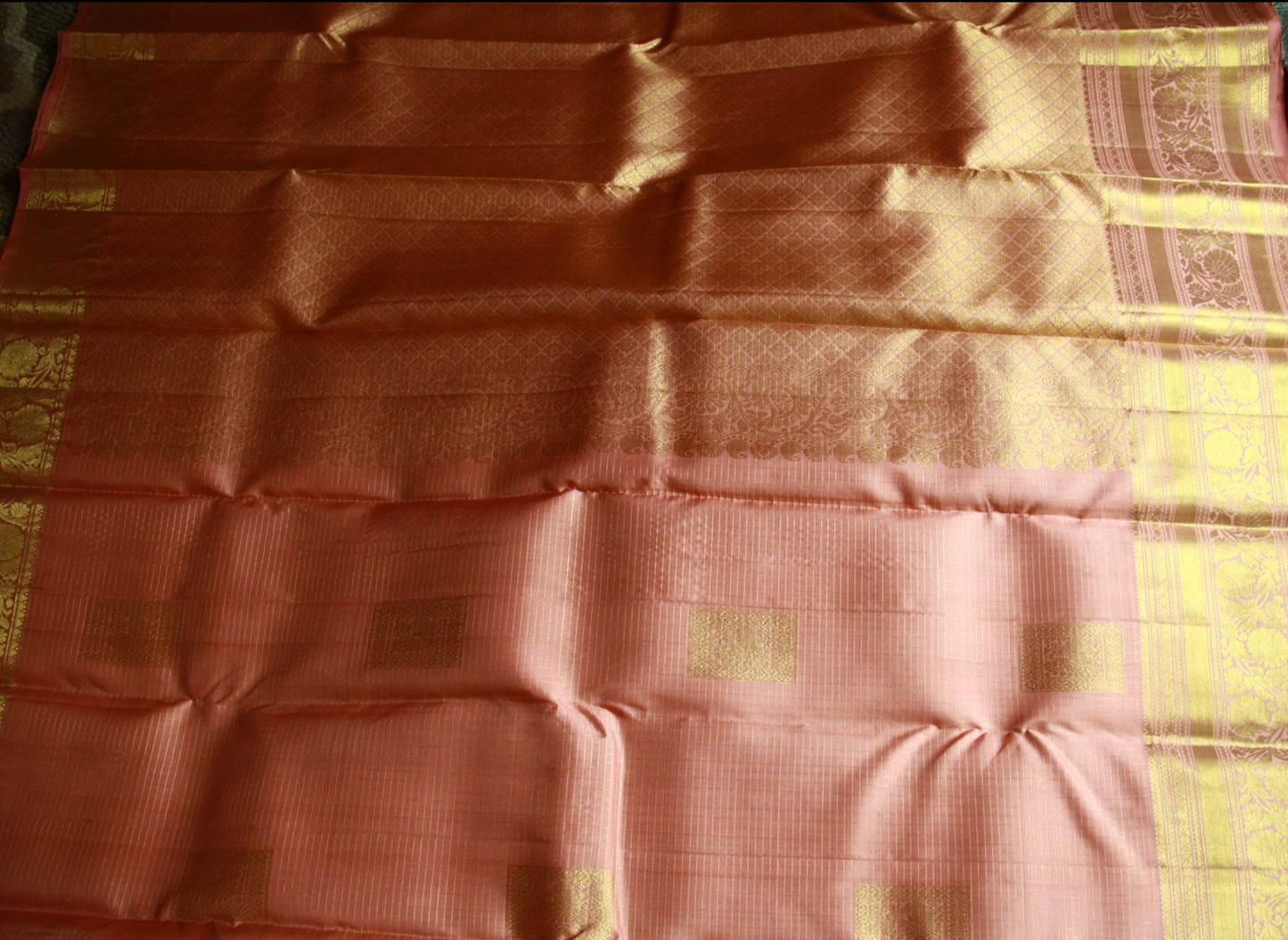 Soft Pink Pure Silk Kanjivaram Saree |Checks Golden Zari work Saree | SILK MARK CERTIFIED