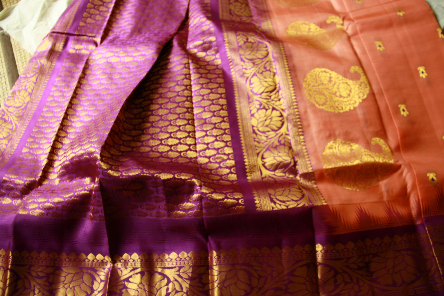 Peach Pure Silk Kanjivaram Saree with Purple and Golden Zari work | SILK MARK CERTIFIED