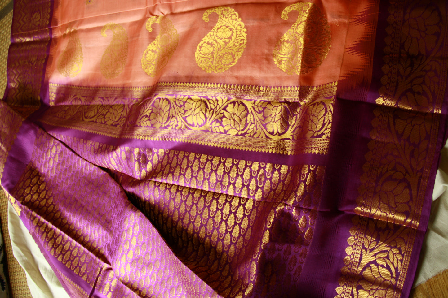 Peach Pure Silk Kanjivaram Saree with Purple and Golden Zari work | SILK MARK CERTIFIED