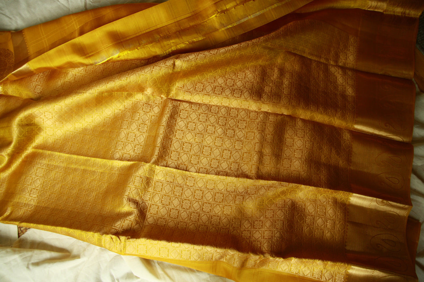 Sunset Yellow Pure Silk Kanjivaram Saree with Checks work | SILK MARK CERTIFIED