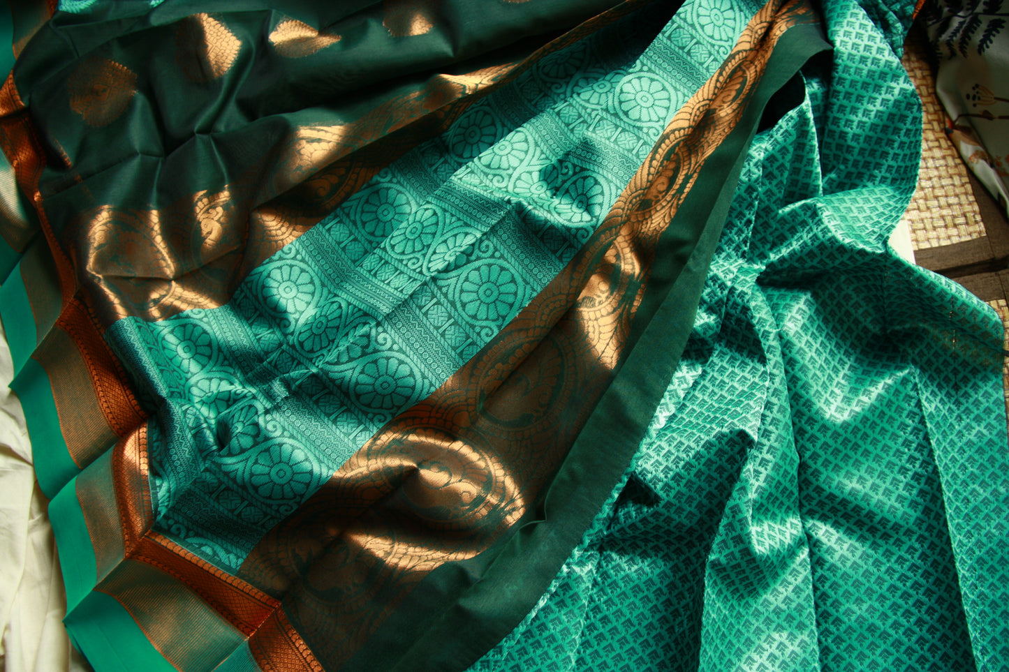 Dark Green Pure Cotton Saree with Aqua Blue and Copper Zari work