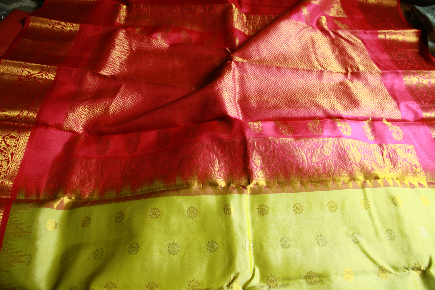 Green Pista Pure Silk Kanjivaram Saree with Bright Rose Pink and Golden Zari border | SILK MARK CERTIFIED