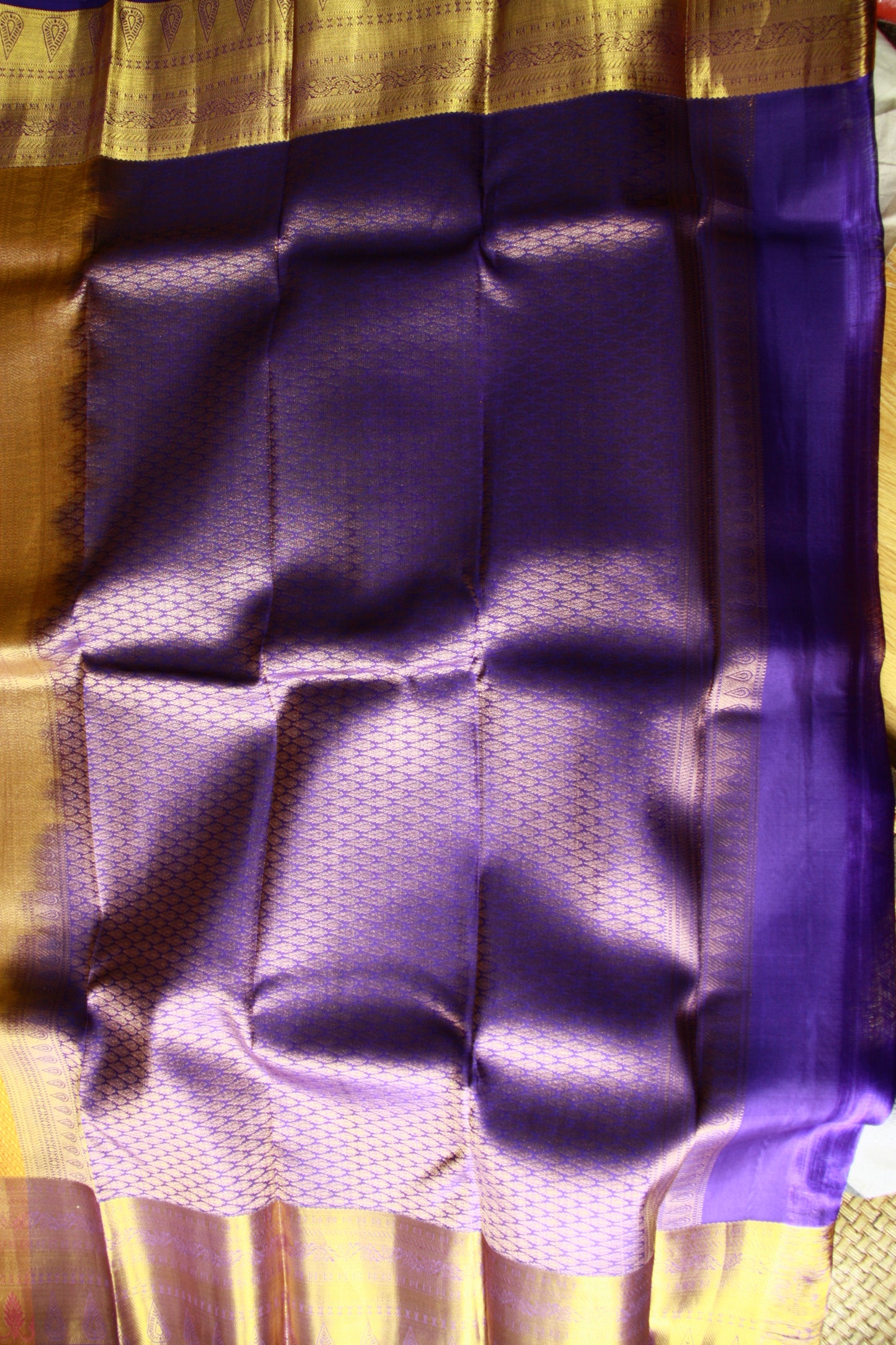 Orange Yellow Shade Pure Silk Kanjivaram Saree with Purple Golden Zari| SILK MARK CERTIFIED