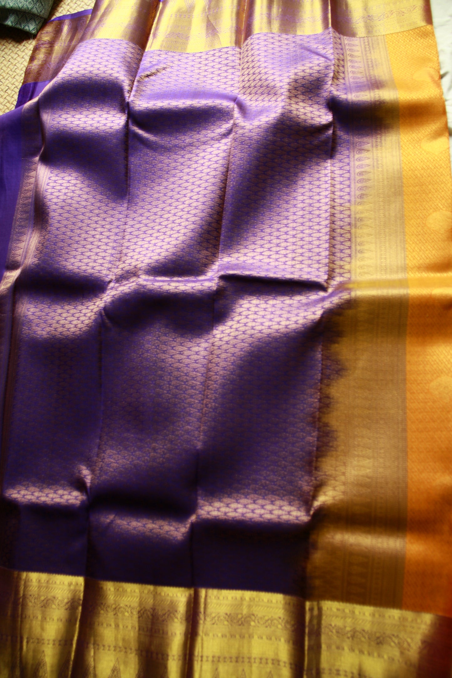 Orange Yellow Shade Pure Silk Kanjivaram Saree with Purple Golden Zari| SILK MARK CERTIFIED