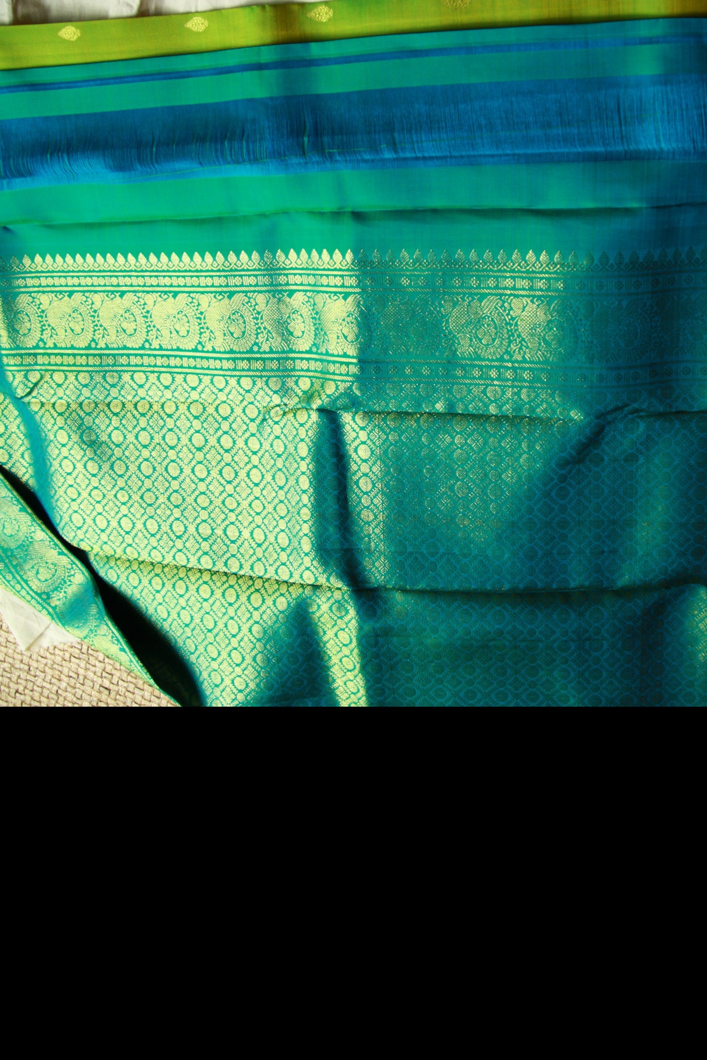 Green Pure Silk Kanjivaram Saree with Blue and Golden Zari work | SILK MARK CERTIFIED