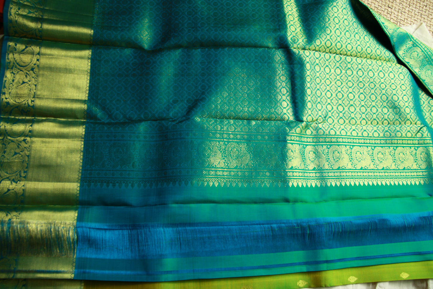 Green Pure Silk Kanjivaram Saree with Blue and Golden Zari work | SILK MARK CERTIFIED