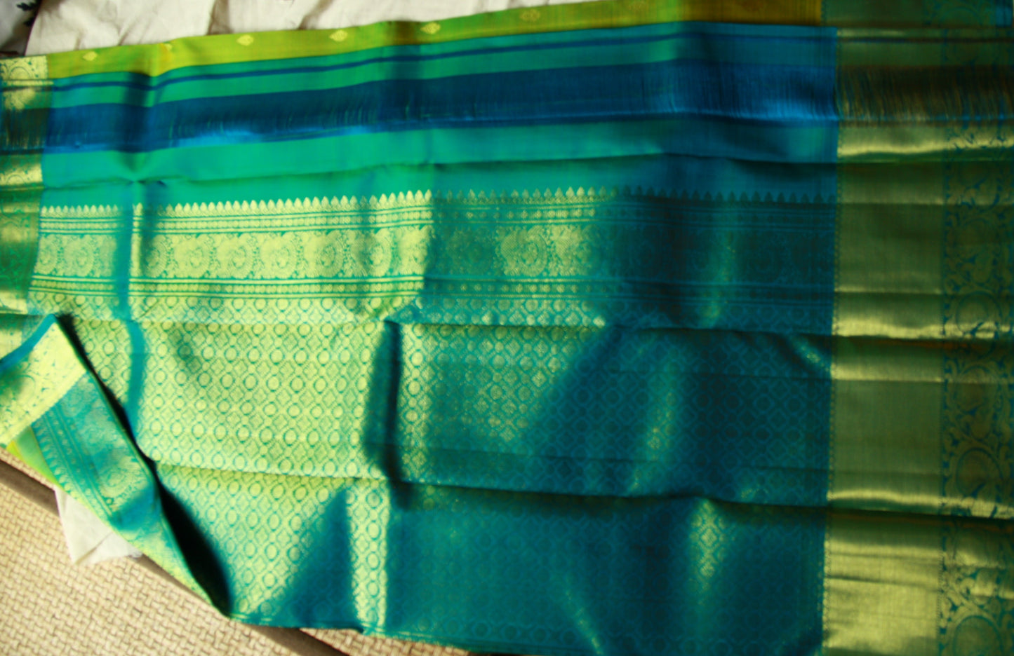 Green Pure Silk Kanjivaram Saree with Blue and Golden Zari work | SILK MARK CERTIFIED