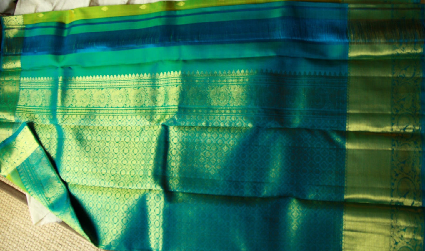 Green Pure Silk Kanjivaram Saree with Blue and Golden Zari work | SILK MARK CERTIFIED