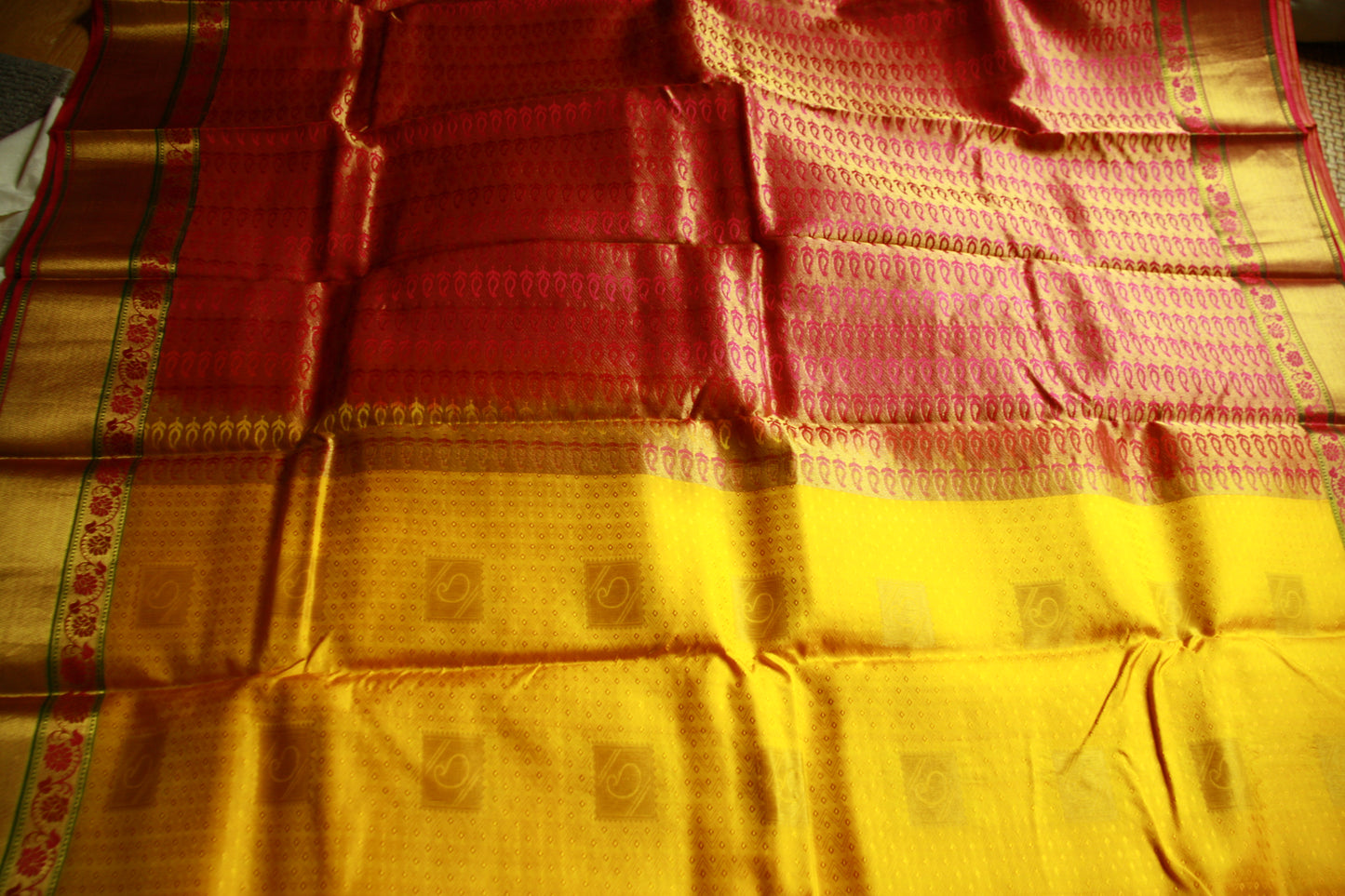 Vibrant Yellow Pure Silk Kanjivaram Saree with Pink and Golden Zari work. | SILK MARK CERTIFIED