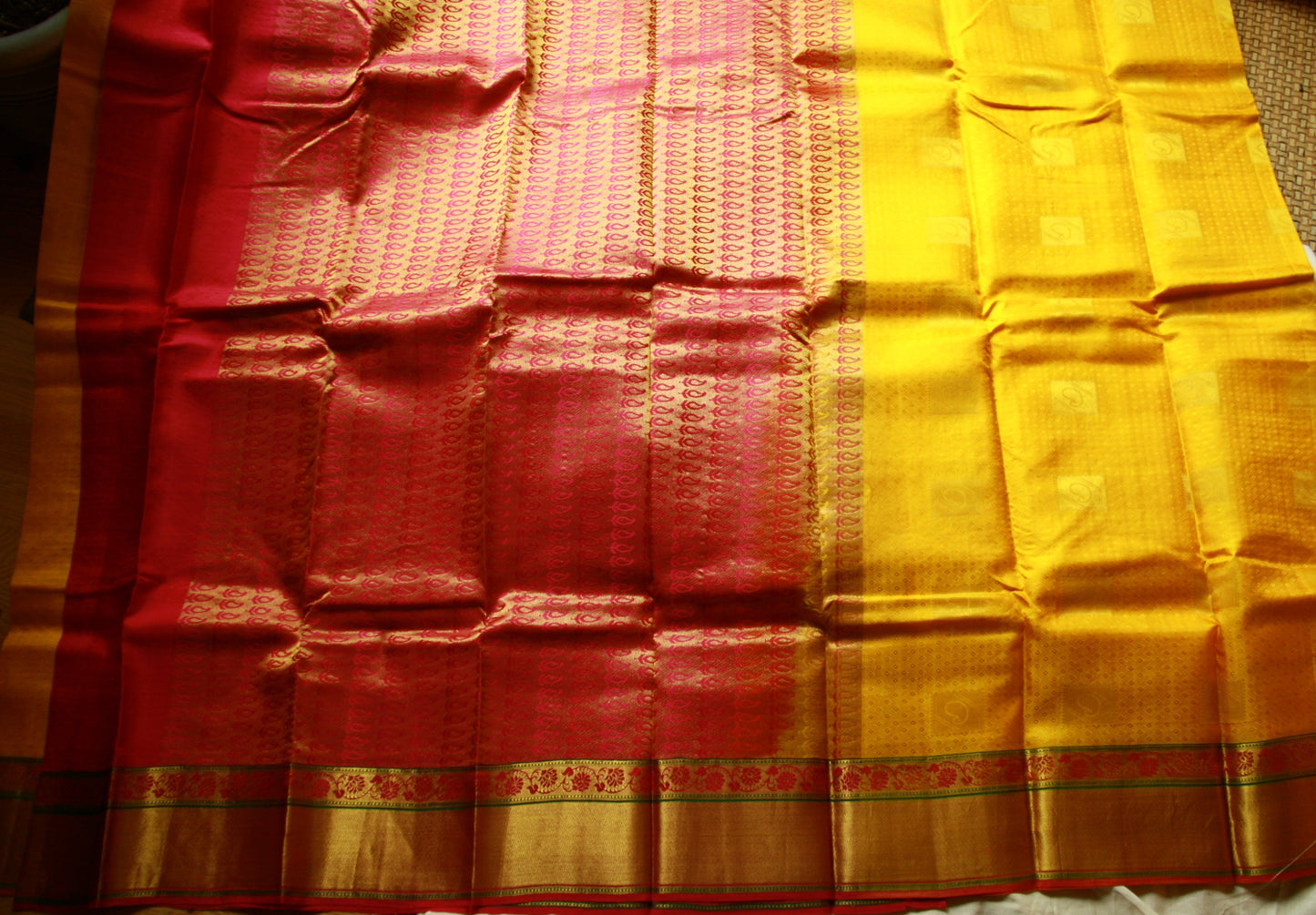 Vibrant Yellow Pure Silk Kanjivaram Saree with Pink and Golden Zari work. | SILK MARK CERTIFIED