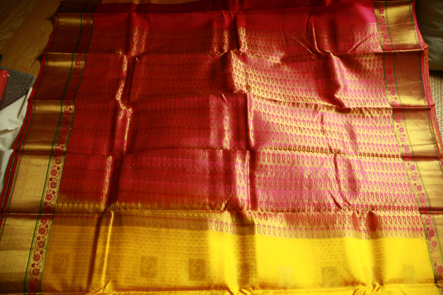 Vibrant Yellow Pure Silk Kanjivaram Saree with Pink and Golden Zari work. | SILK MARK CERTIFIED