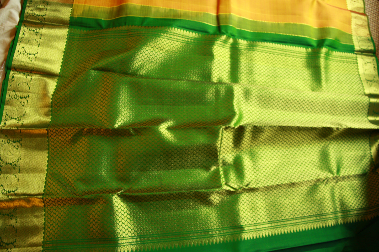 Dark Yellow Pure Silk Kanjivaram Saree with Dark Green and Golden Zari work | SILK MARK CERTIFIED