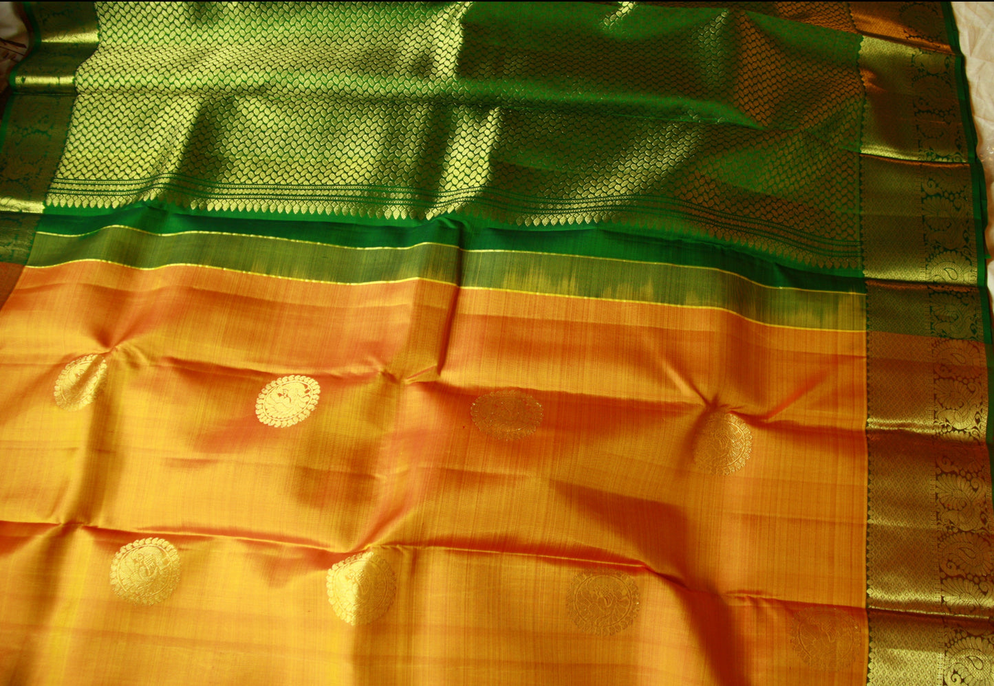 Dark Yellow Pure Silk Kanjivaram Saree with Dark Green and Golden Zari work | SILK MARK CERTIFIED