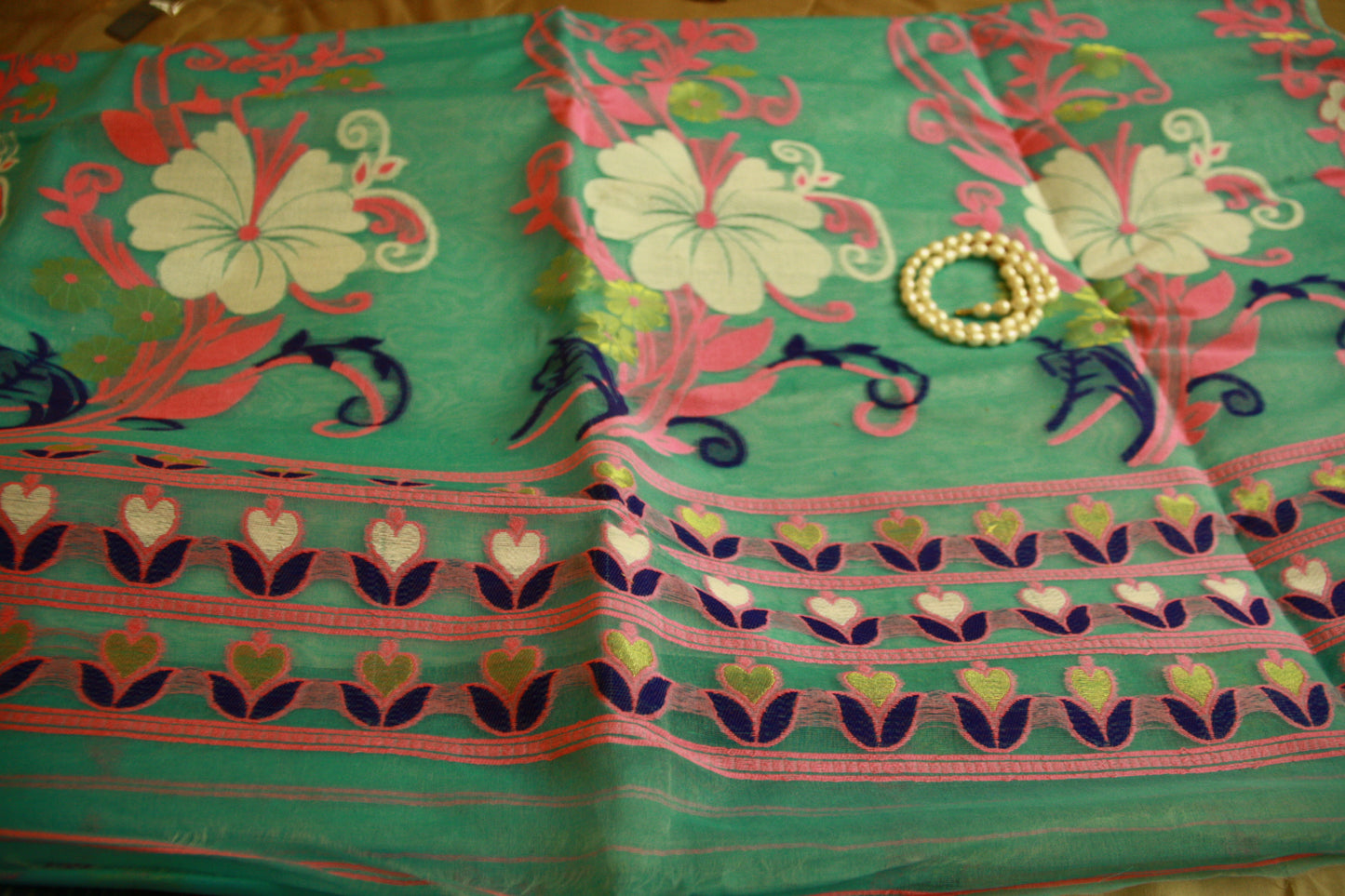 Coral Green Pure Cotton Handwoven Saree | Bengali Jamdani Saree