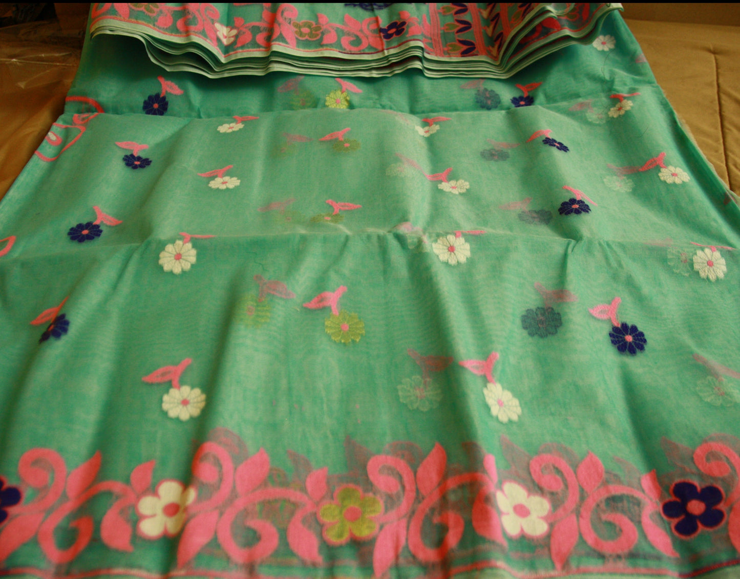 Coral Green Pure Cotton Handwoven Saree | Bengali Jamdani Saree