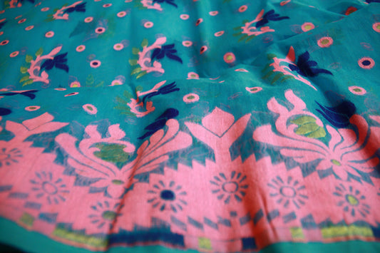 Pink Handwoven Thread work on Blue Saree | Bengali Jamdani Saree Pure Cotton