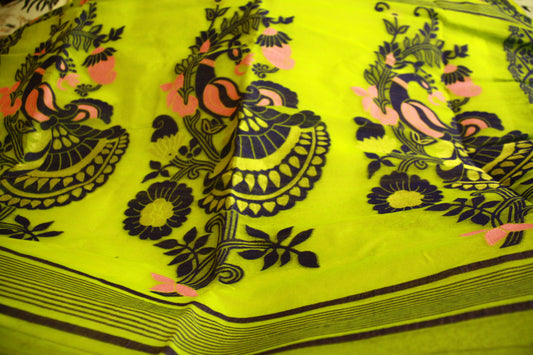 Lime Green Pure Cotton Handwoven Saree | Bengali Jamdani Saree